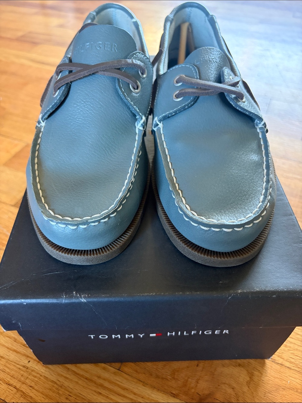 Tommy Hilfiger Men's Slate Blue Leather Boat Shoes with Brown Laces